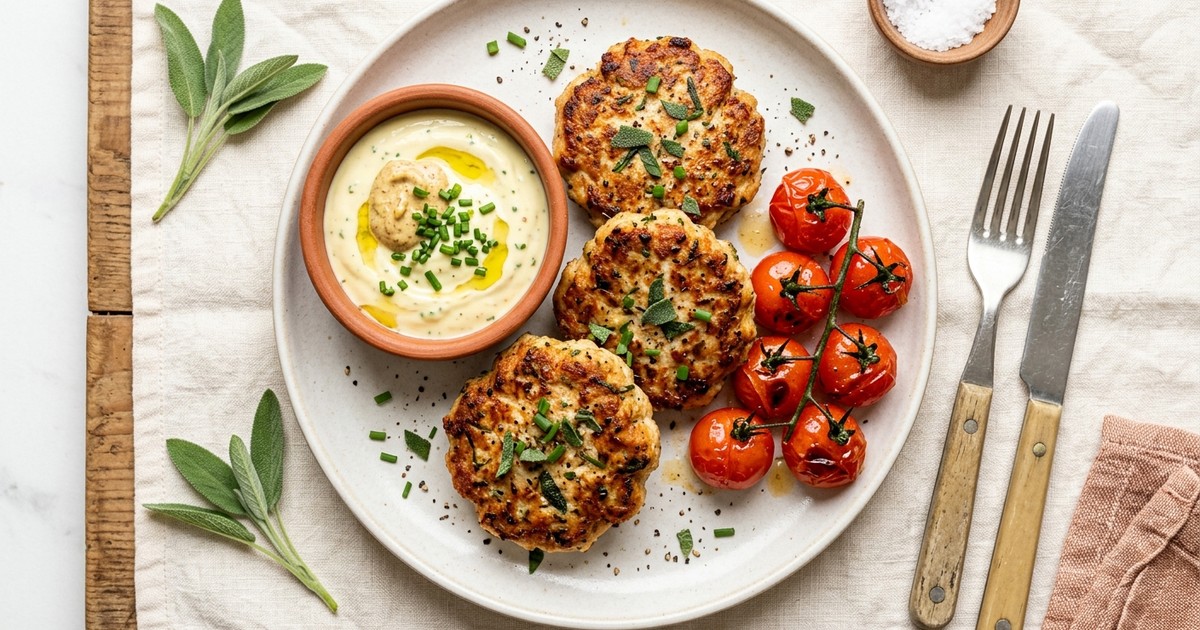 Air Fryer British Chicken Sage Breakfast Patties with Mustard-Chive Yogurt