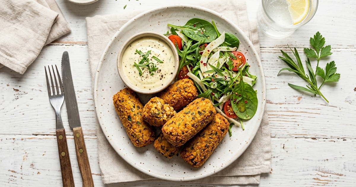 Air Fryer French Tempeh and Lentil Croquettes with Dijon-Tarragon Yogurt