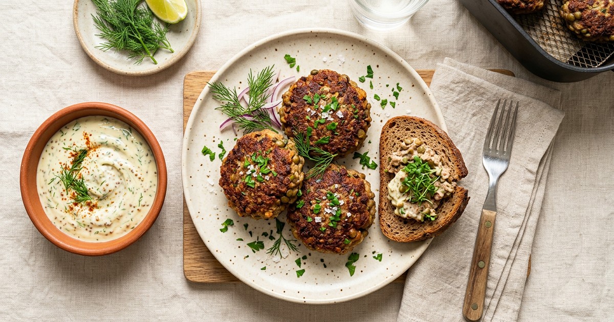 Air Fryer German Beef and Lentil Frikadellen with Mustard-Dill Yogurt