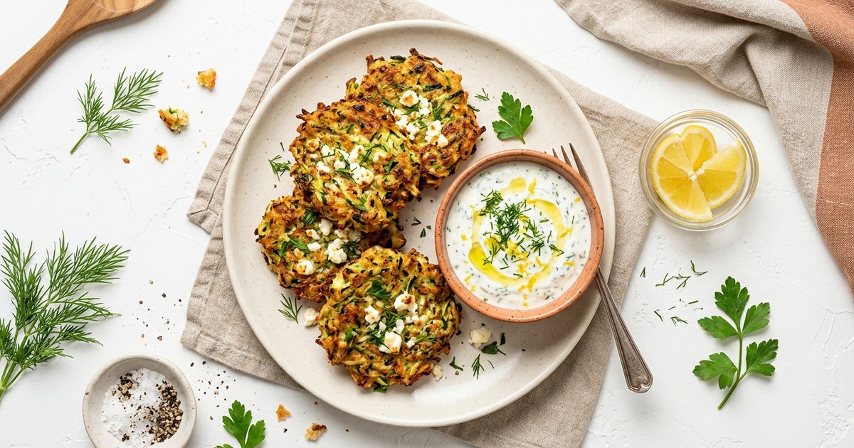 Air Fryer Mediterranean Turkey and Zucchini Fritters with Lemon-Dill Yogurt