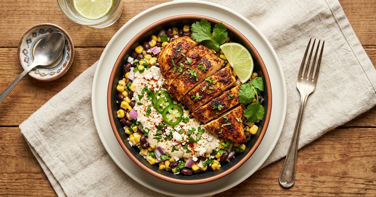 Air Fryer Mexican Cilantro-Lime Chicken with Elote Black Bean Salad