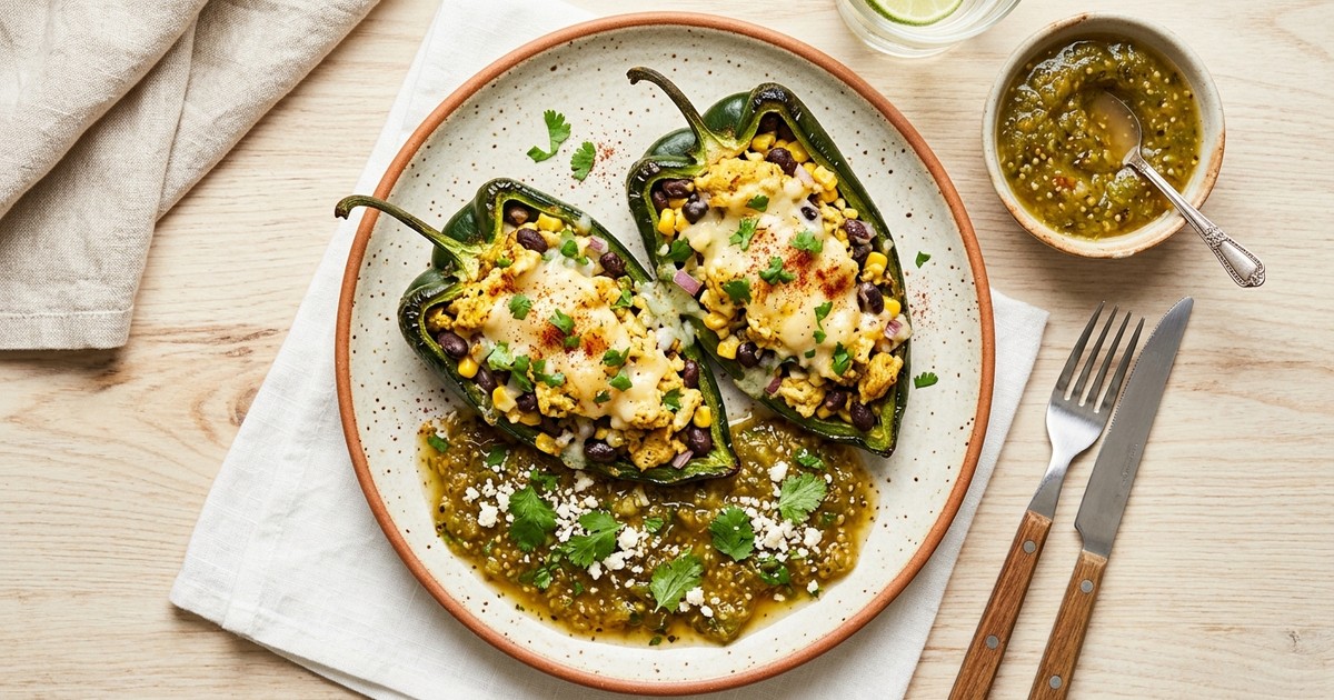 Air Fryer Mexican Egg-Stuffed Poblanos with Charred Tomatillo Salsa
