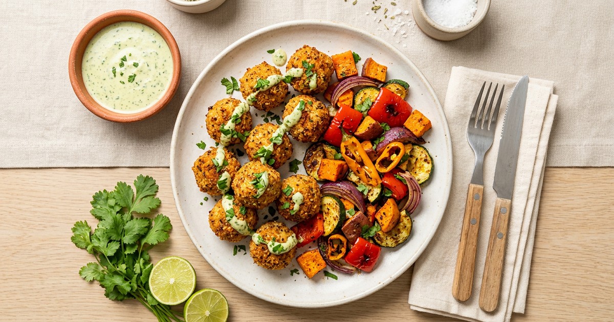 Air Fryer Peruvian Cottage Cheese Bites with Aji Roasted Vegetables