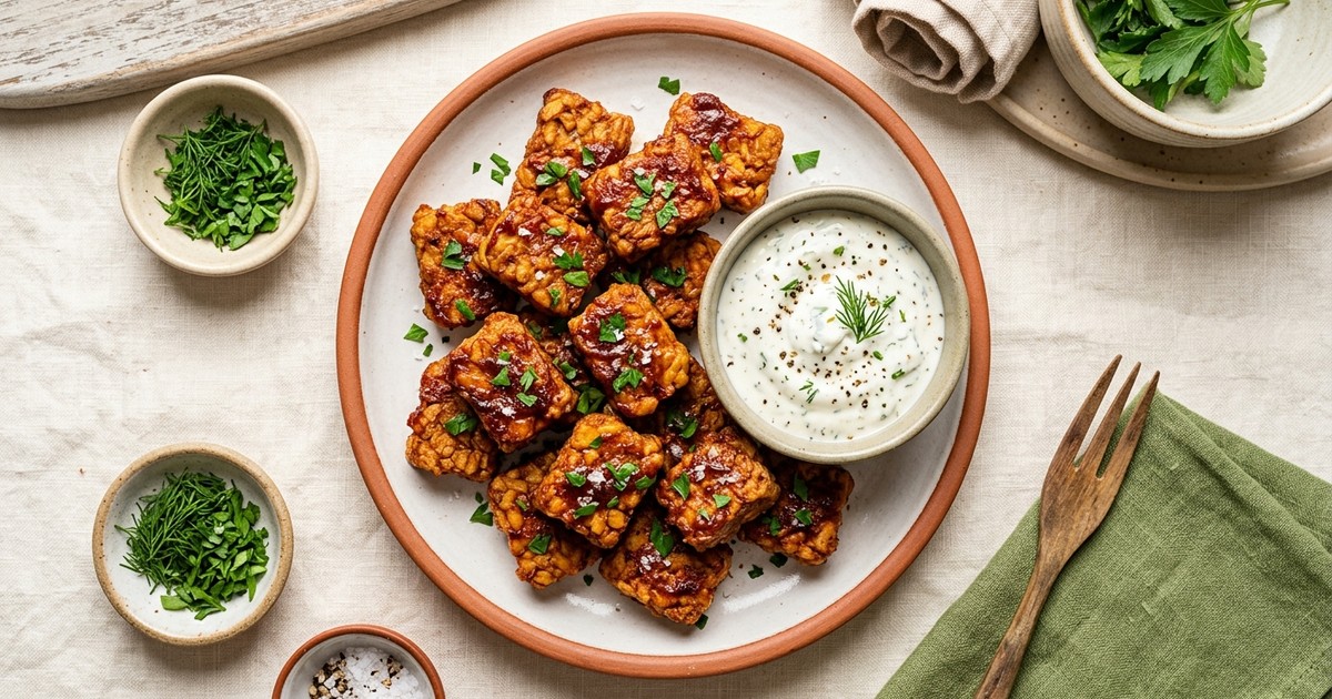 Air Fryer Smoky BBQ Tempeh Nuggets with Ranch Yogurt Dip