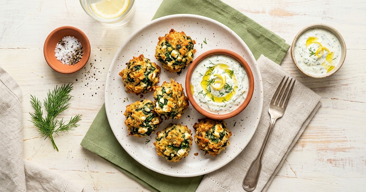 Air Fryer Spanakopita Chicken Breakfast Bites with Lemon-Herb Yogurt