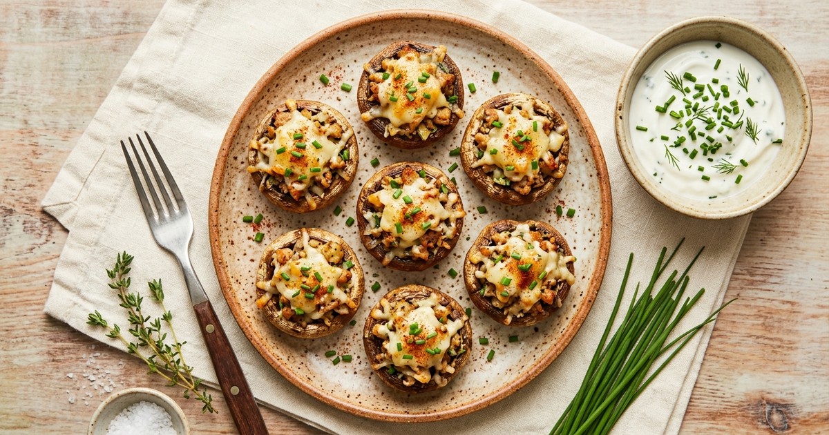 Air Fryer Turkey and Cheddar Stuffed Mushrooms with Chive Yogurt