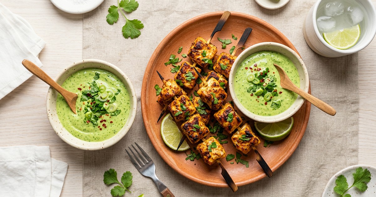 Baked Peruvian Halibut Anticucho Bites with Aji Verde Yogurt