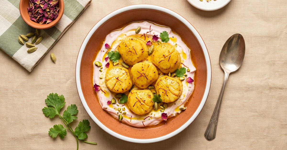 Braised Cardamom-Saffron Scallops with Rose Yogurt