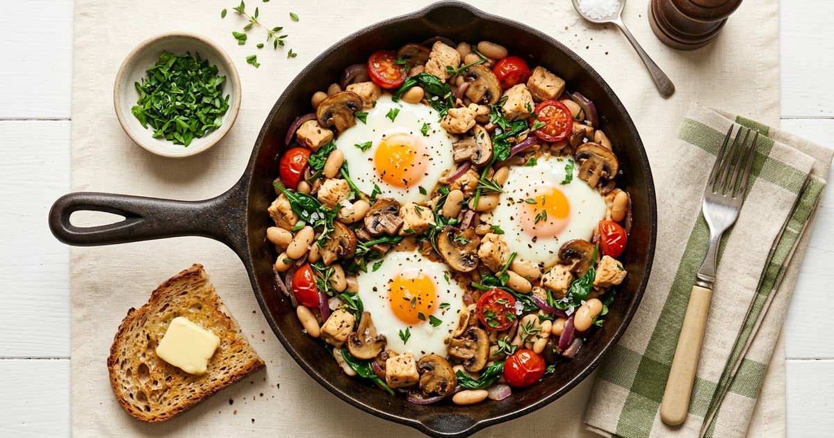 British Chicken and Mushroom Breakfast Skillet with Soft Eggs