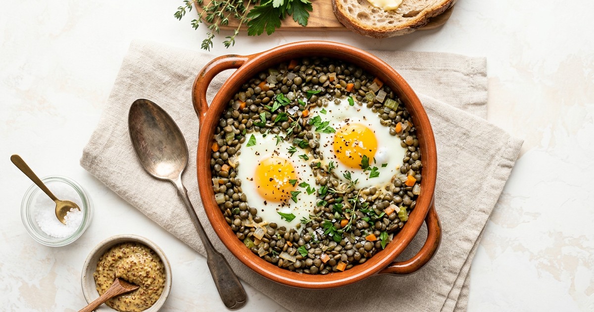 Burgundy Baked Eggs with French Green Lentils and Dijon