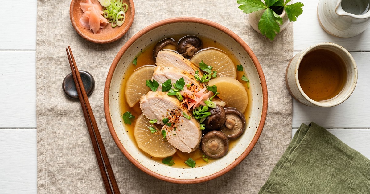 Dashi-Braised Turkey Breast with Daikon and Shiitake