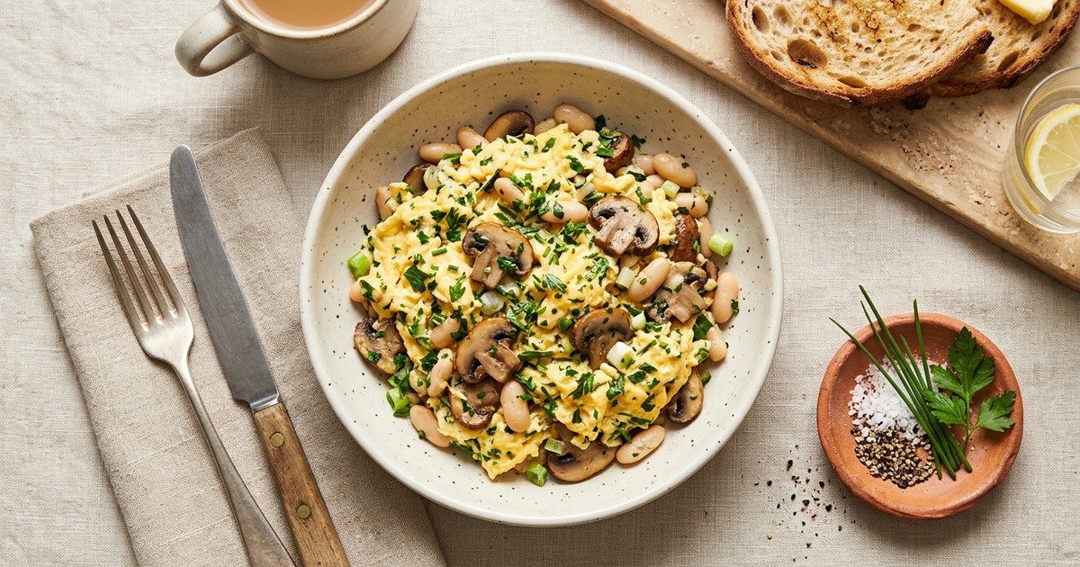 French Fines Herbes Egg Scramble with Mushrooms and White Beans