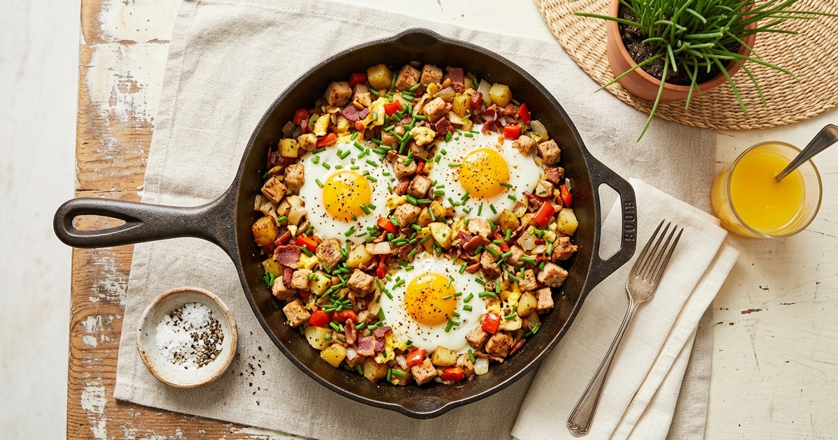 German Turkey Farmer's Breakfast Skillet with Eggs and Chives