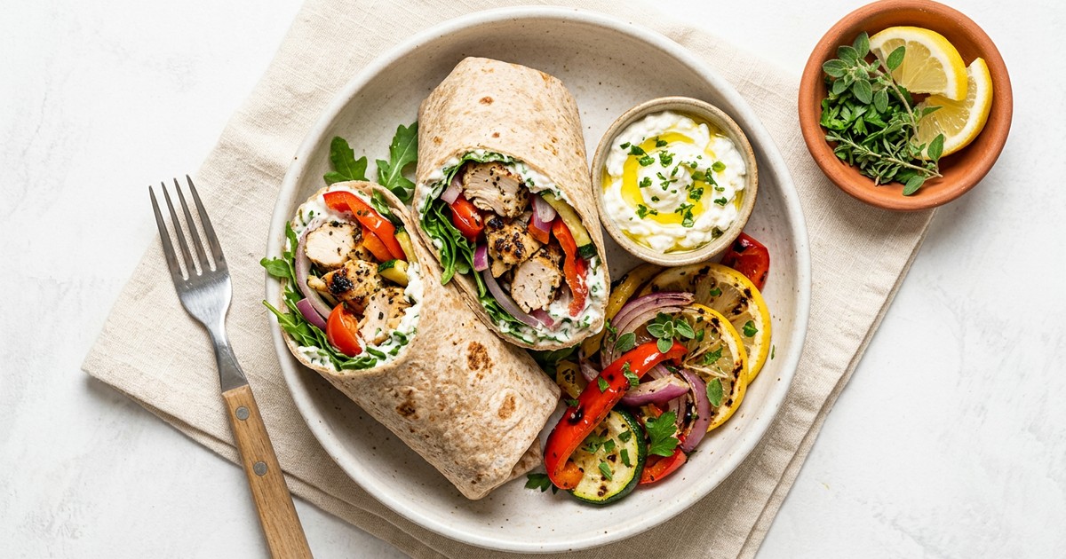 Grilled Lemon-Oregano Chicken Wraps with Whipped Feta