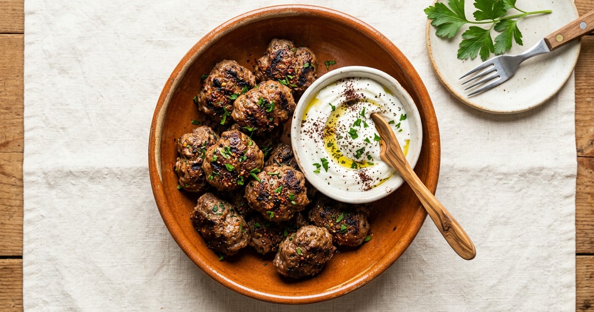 Grilled Turkish Beef Köfte Bites with Sumac Yogurt Dip