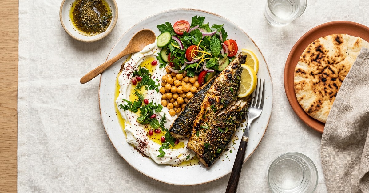 Grilled Za'atar Mackerel Breakfast Plate with Labneh and Herbs