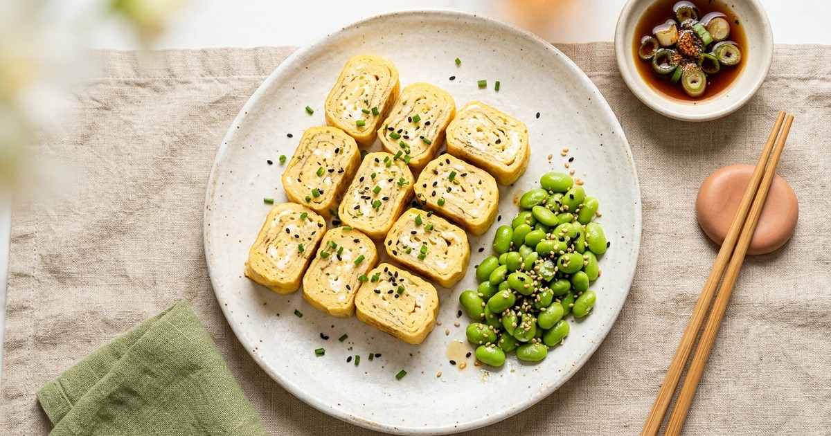 Japanese Dashi Tamagoyaki Bites with Sesame Edamame