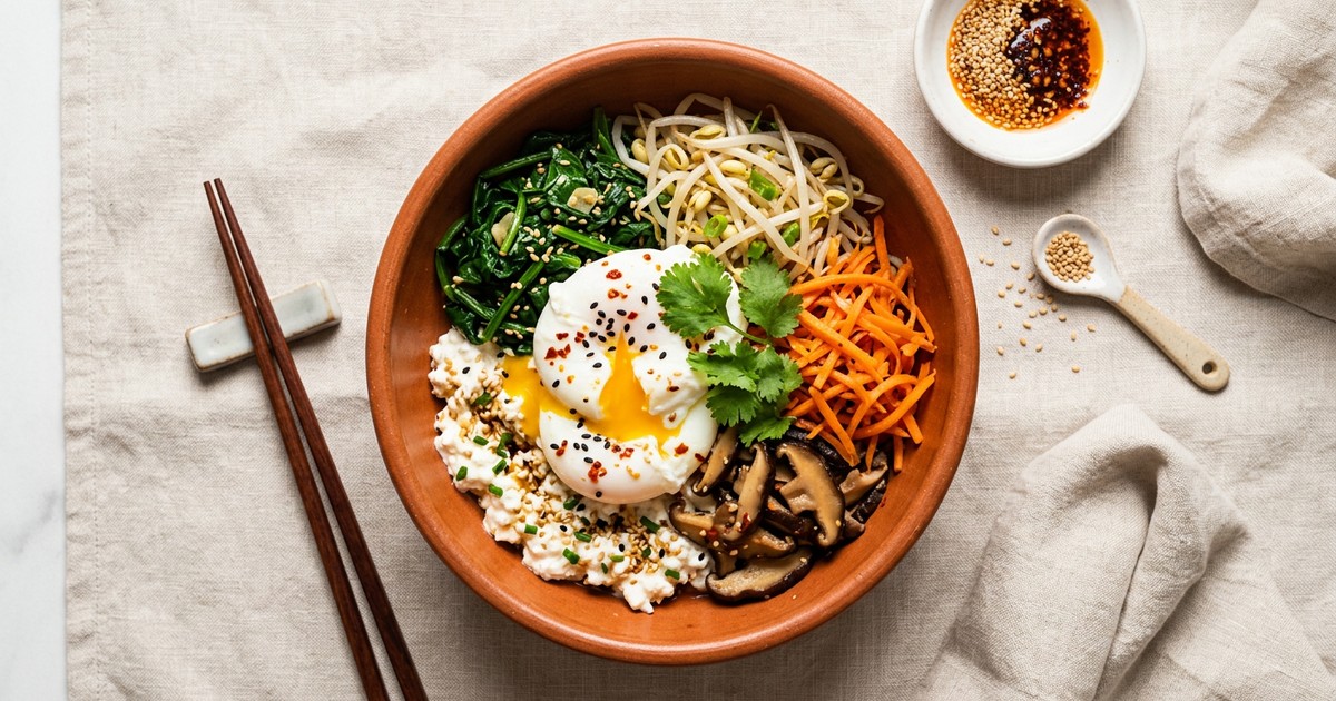 Korean Sesame Cottage Cheese Bowl with Poached Eggs and Namul