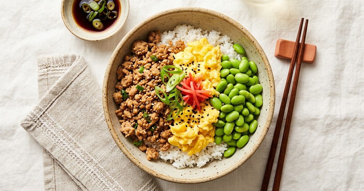 Meal Prep Japanese Turkey Soboro Bowls with Sweet Egg and Edamame