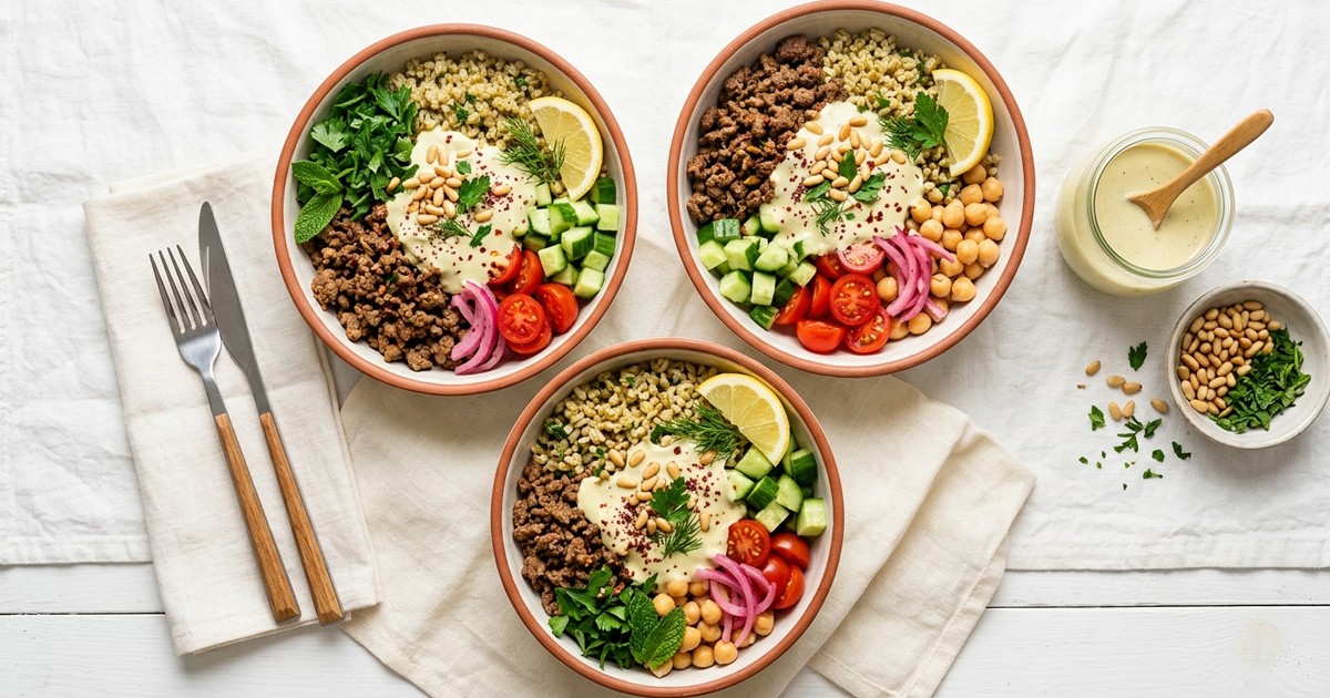 Meal Prep Levantine Beef and Freekeh Bowls with Lemon-Herb Tahini