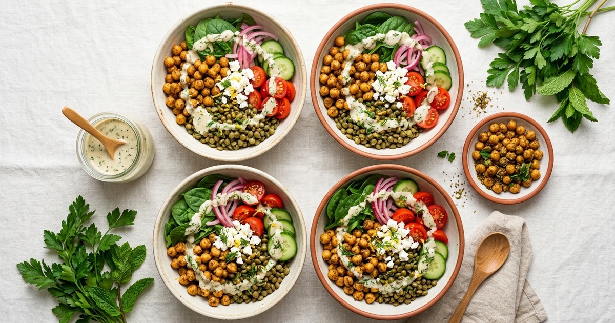Meal Prep Mediterranean Lentil Breakfast Bowls with Crispy Chickpeas