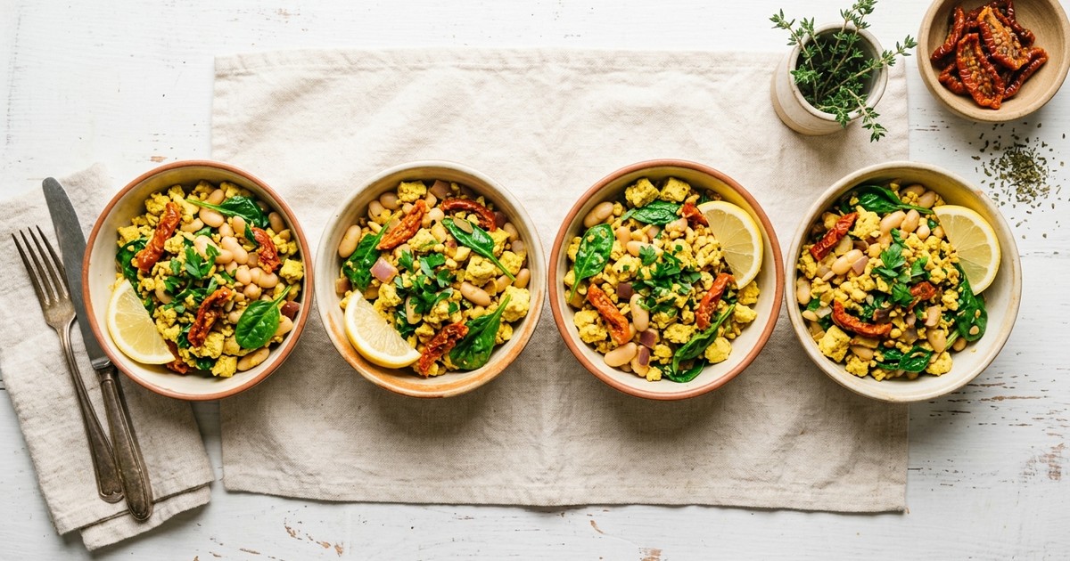 Meal Prep Mediterranean Tofu Scramble Bowls with Sun-Dried Tomatoes