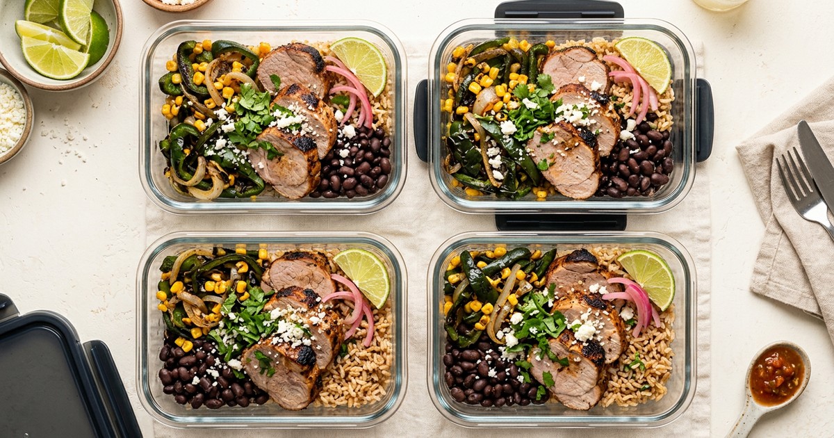 Meal Prep Mexican Pork and Poblano Bowls with Black Beans