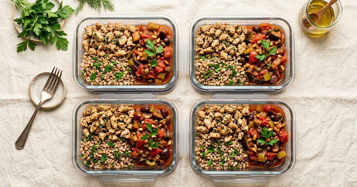 Meal Prep Sicilian Turkey and Eggplant Caponata Bowls with Herbed Farro