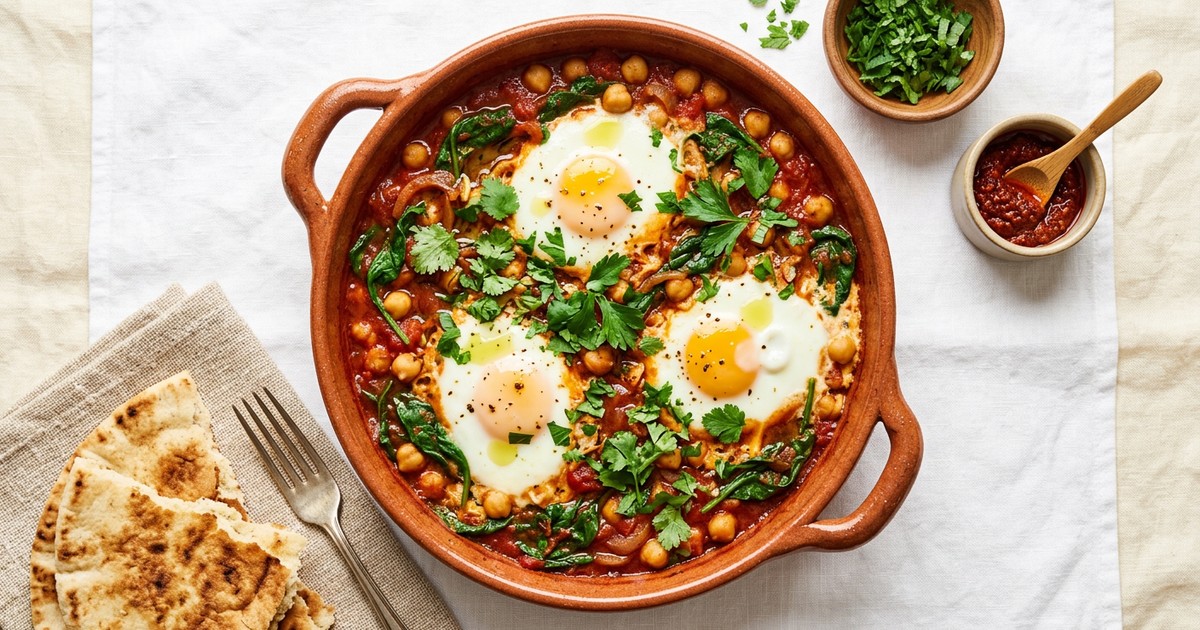 Moroccan Egg and Chickpea Breakfast Skillet with Spinach
