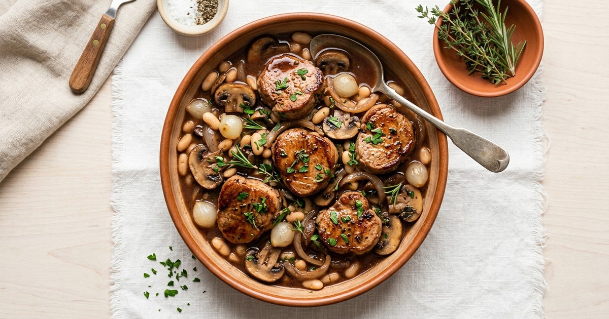 One-Pot Burgundy Pork Medallions with Mushrooms and White Beans