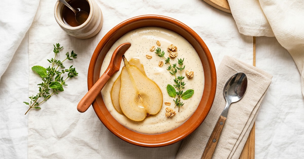 One-Pot French Vanilla Tofu Custard with Poached Pears