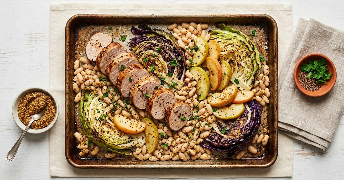 Sheet Pan Alsatian Pork Tenderloin with Roasted Cabbage and Apples