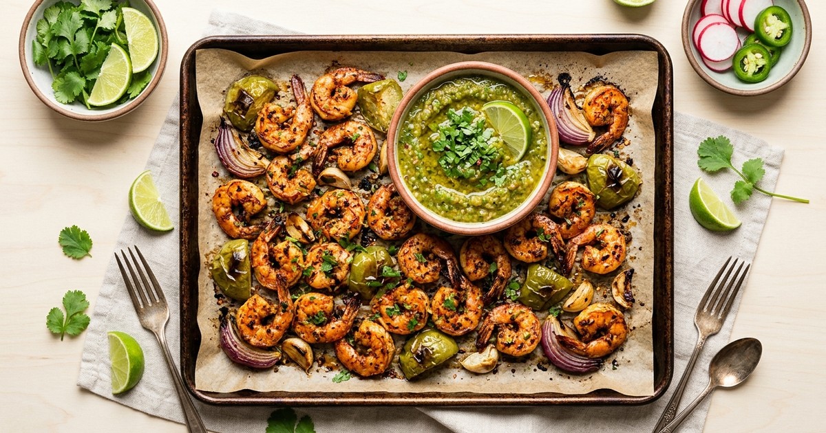 Sheet Pan Ancho-Lime Shrimp Bites with Charred Tomatillo Dip