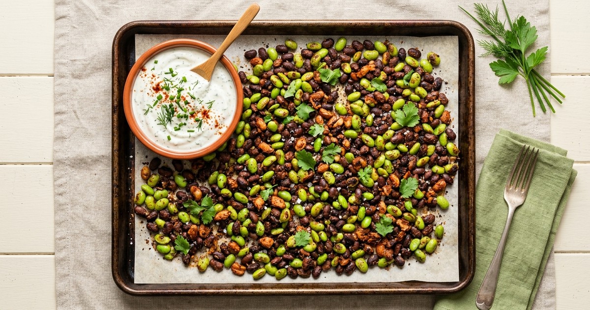 Sheet Pan BBQ Black Bean and Edamame Bites with Ranch Yogurt