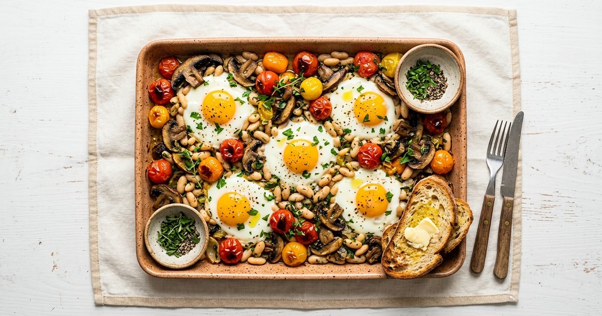 Sheet Pan British Baked Eggs with Mushrooms, Tomatoes, and White Beans