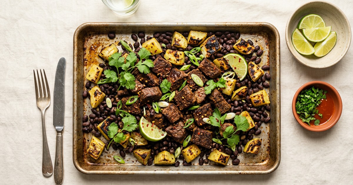 Sheet Pan Caribbean Adobo Beef with Roasted Chayote and Black Beans