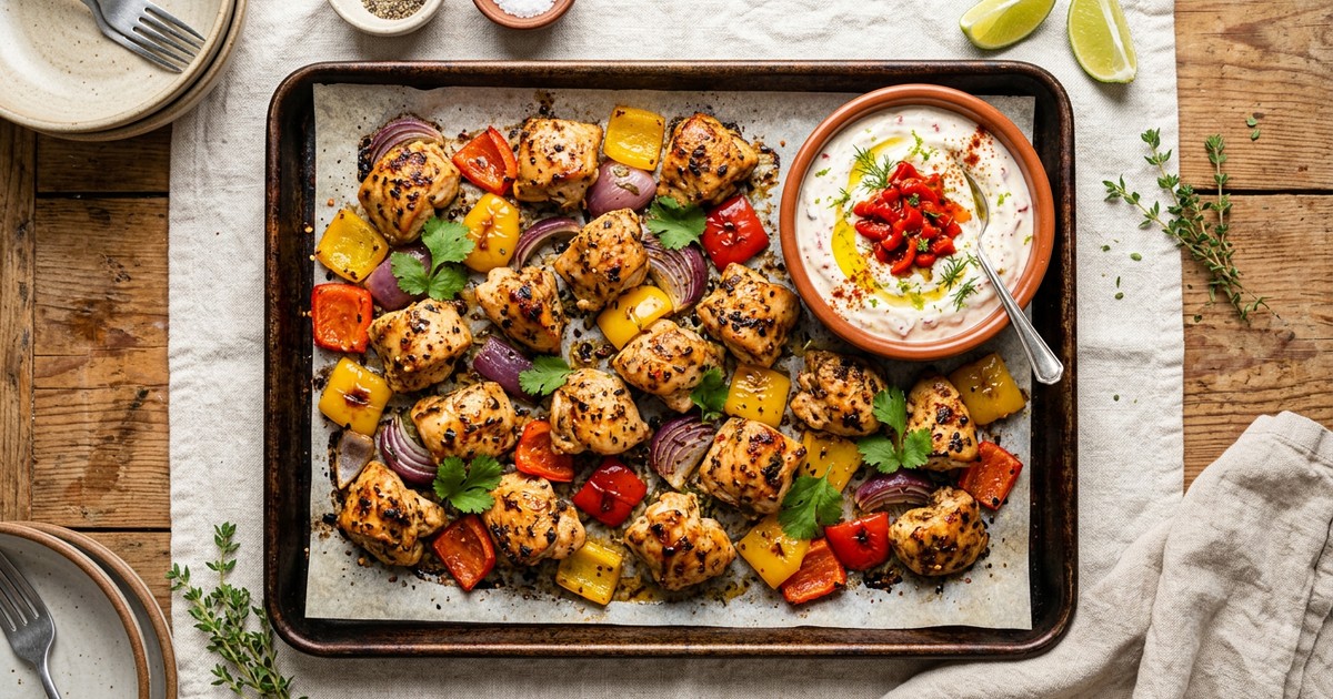 Sheet Pan Caribbean Allspice Chicken Bites with Pepper Yogurt