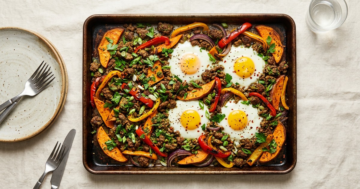 Sheet Pan Caribbean Green Seasoning Beef with Roasted Yam and Eggs