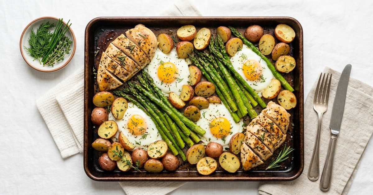 Sheet Pan French Chicken and Asparagus Breakfast with Herbed Baked Eggs