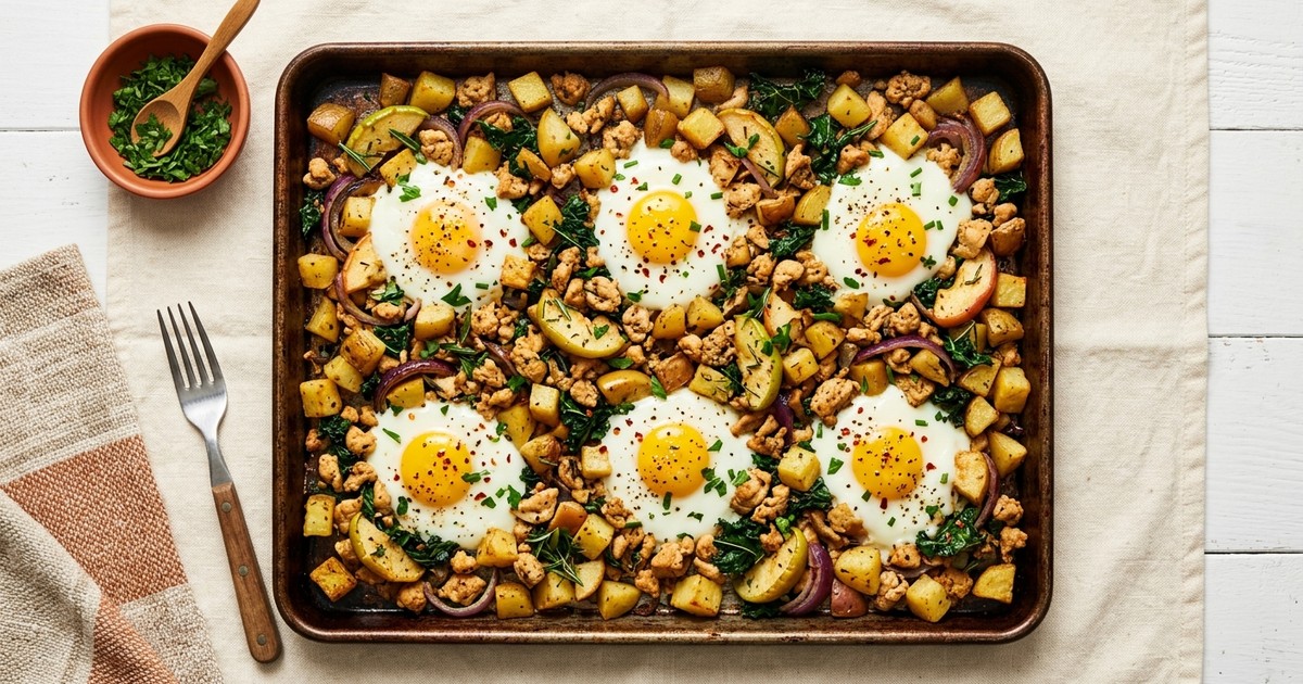 Sheet Pan German Chicken and Apple Breakfast Hash with Baked Eggs