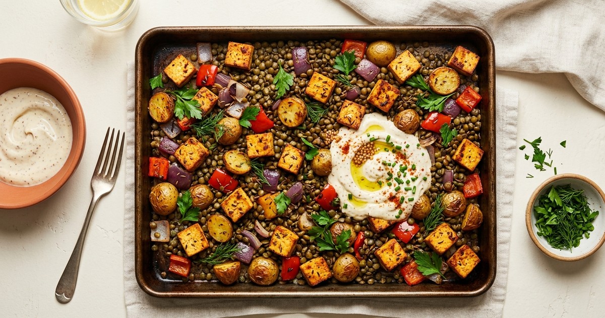 Sheet Pan German Tofu and Lentil Breakfast Hash with Mustard Yogurt