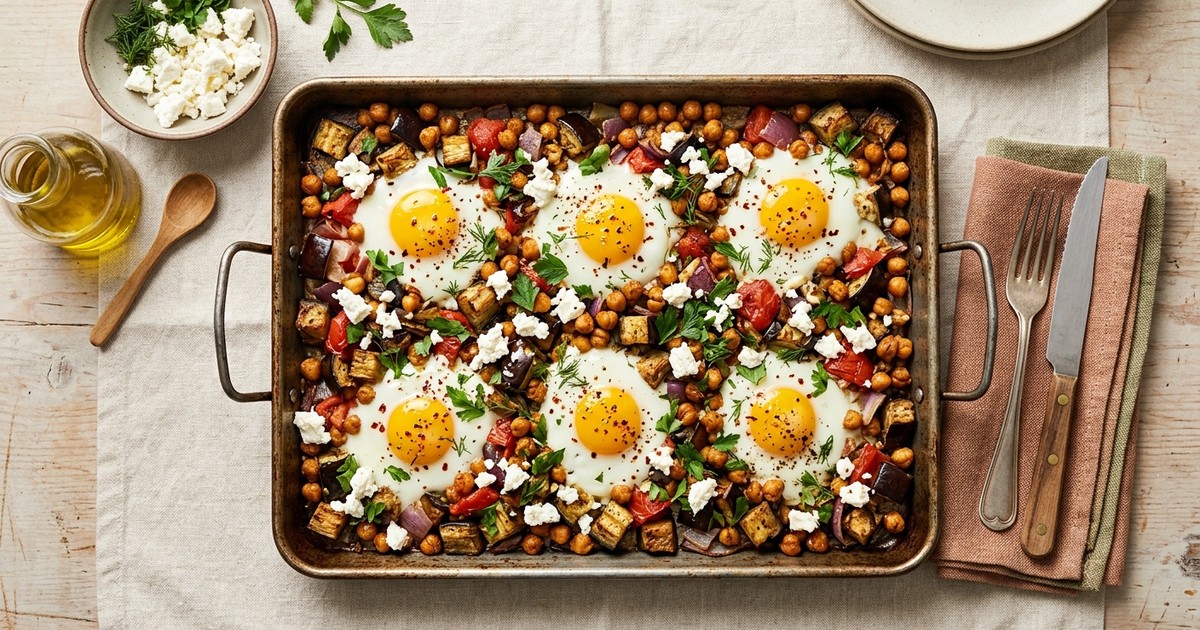Sheet Pan Greek Baked Eggs with Roasted Eggplant, Chickpeas, and Feta