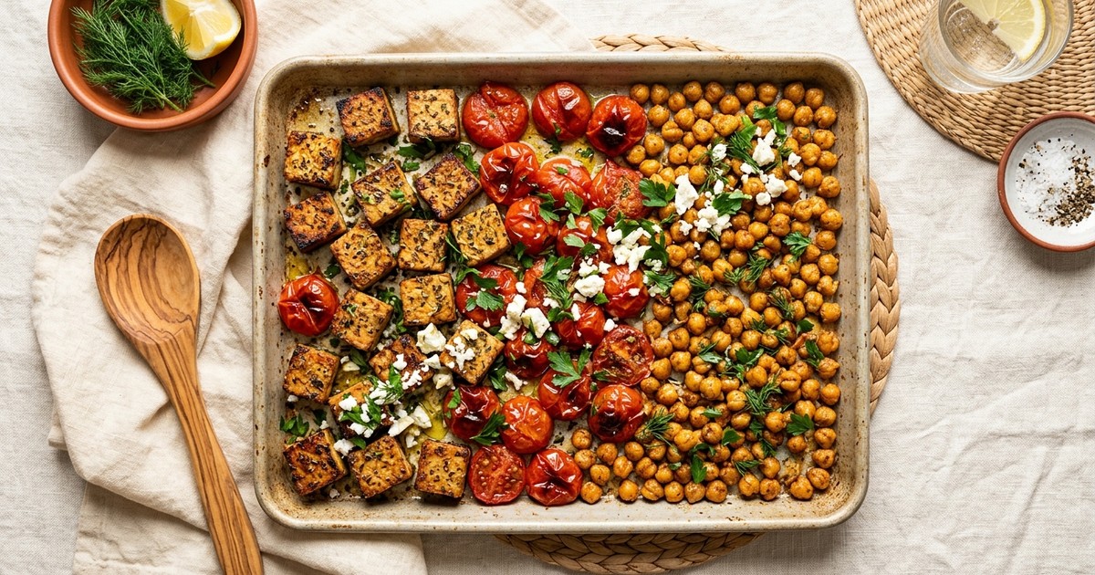 Sheet Pan Greek Oregano Tempeh with Burst Tomatoes and Crispy Chickpeas