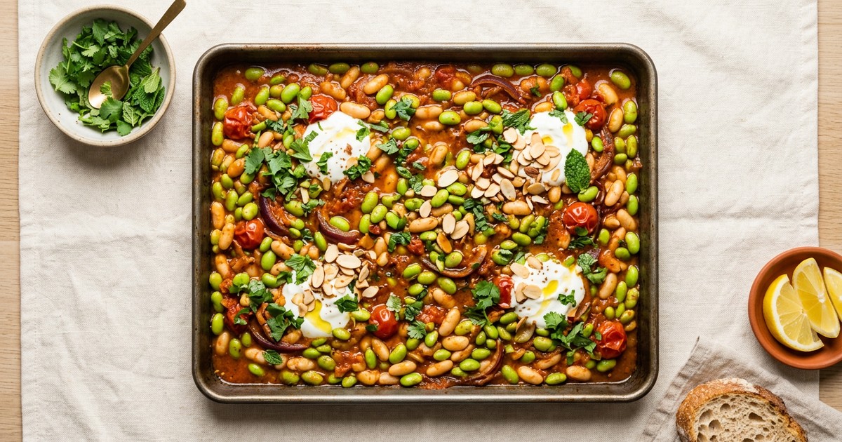 Sheet Pan Harissa Braised Edamame: North African GLP-1 Dinner