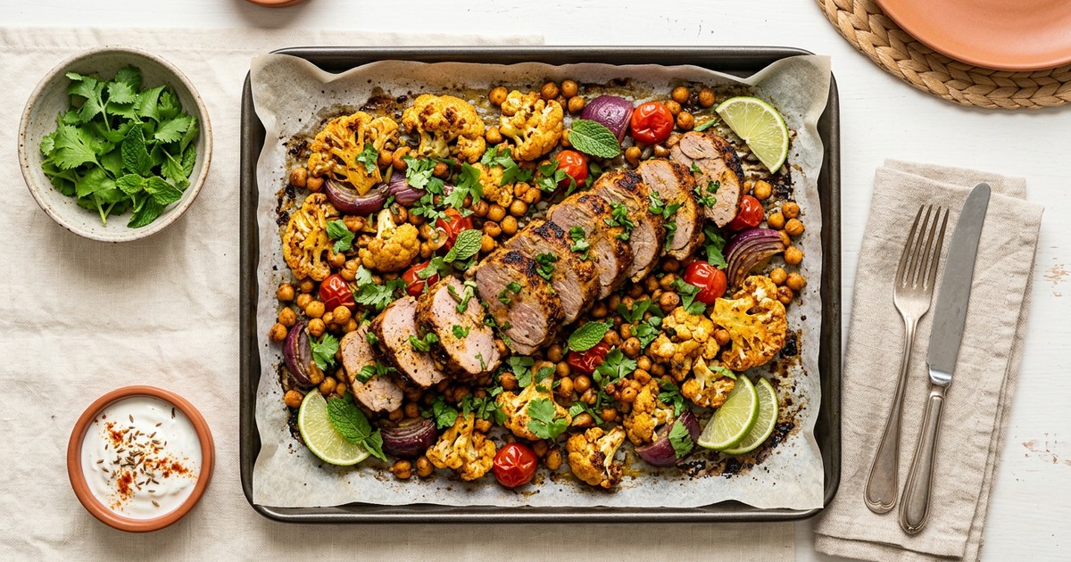 Sheet Pan Indian Cumin Pork with Roasted Cauliflower and Chickpeas