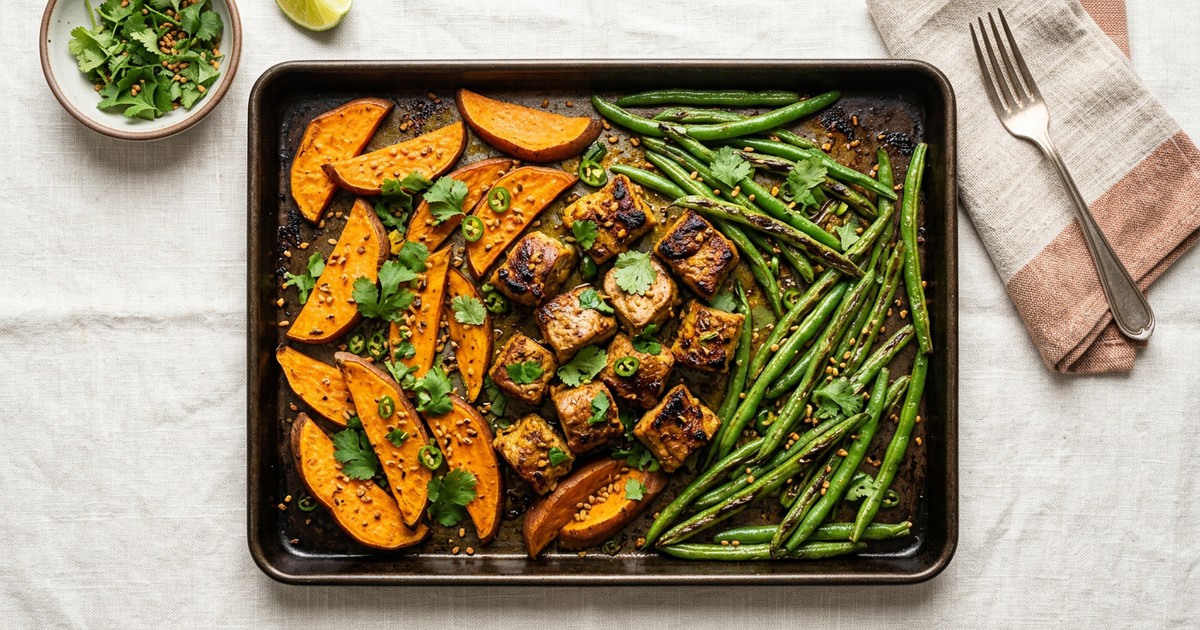 Sheet Pan Indian Fenugreek Pork with Sweet Potato and Green Beans