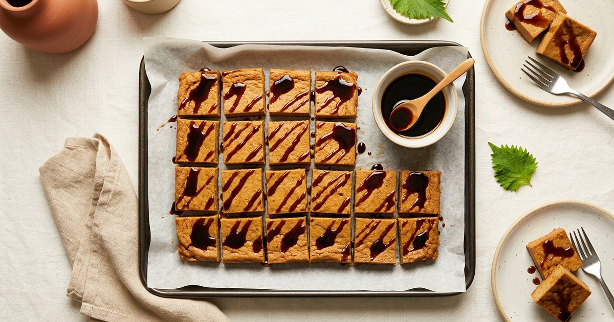 Sheet Pan Japanese Kinako Tofu Protein Squares with Kuromitsu Drizzle