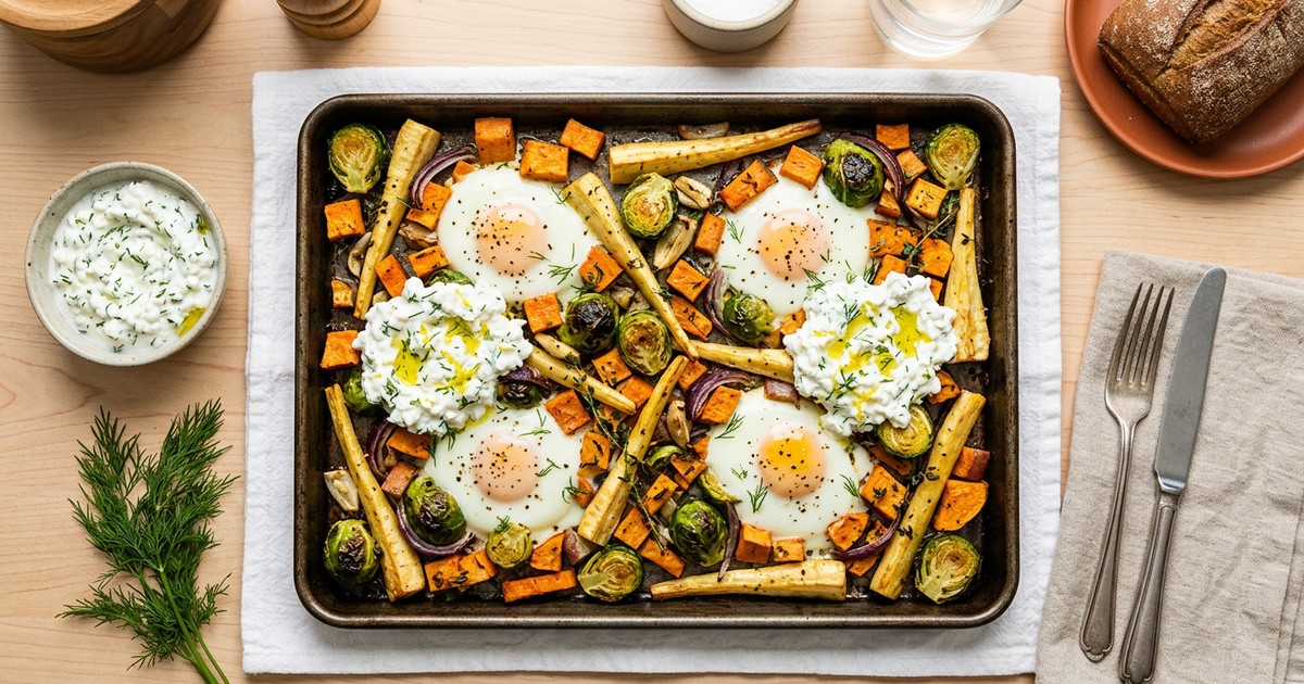Sheet Pan Nordic Root Vegetable and Egg Bake with Dill Cottage Cheese