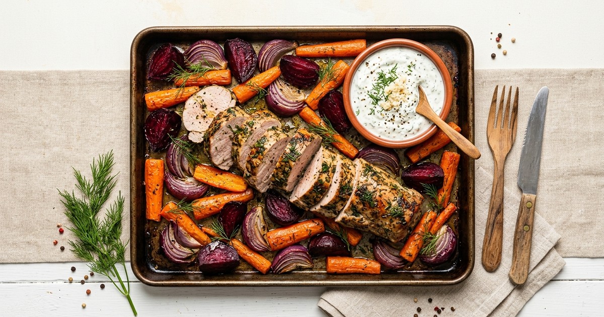 Sheet Pan Polish Pork Tenderloin with Roasted Beets and Horseradish Yogurt