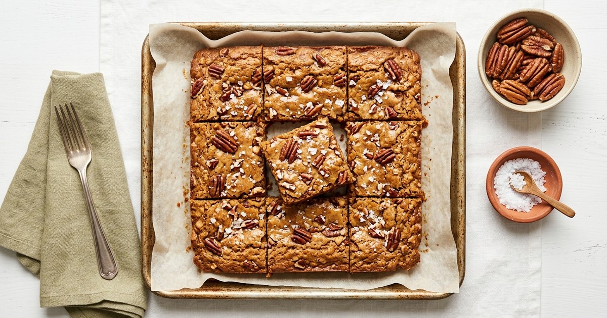 Sheet Pan Salted Maple Chickpea Blondies with Toasted Pecans